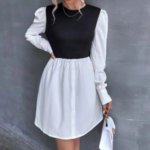 Colorblock single breasted gigot sleeve A-line high waist dress.